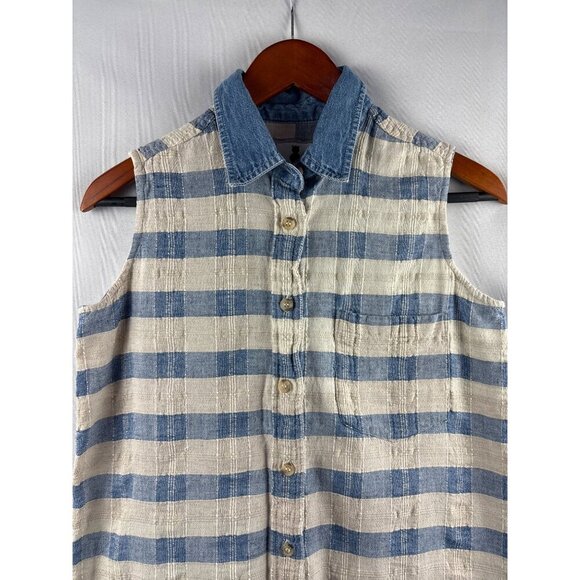 Purrfect By Krazi Kat Womens Medium Sleeveless Blue & White Plaid Button Down To - Picture 4 of 6